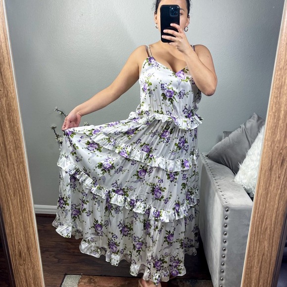 Les Reveries Silk Ruffle-Trimmed Tiered Floral Print Maxi Dress Size 6 - Picture 2 of 10
